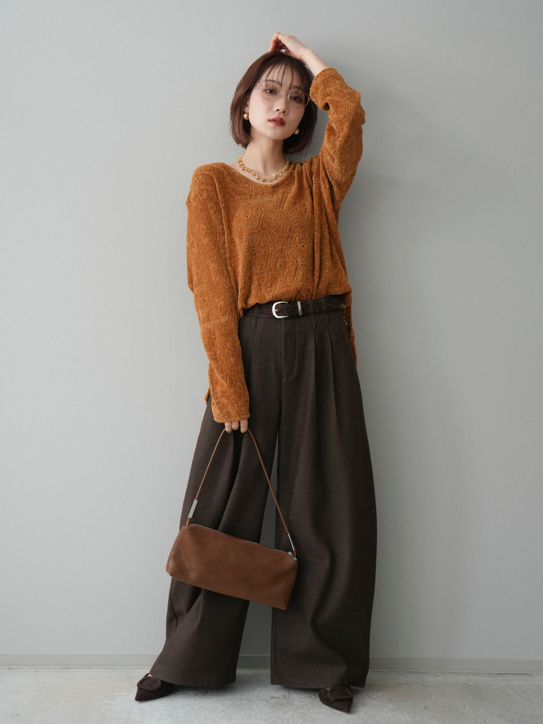 [SET]モール透かし編みニットトップス+アニマル柄ベルト付きウールタッチワイドパンツ(2set)