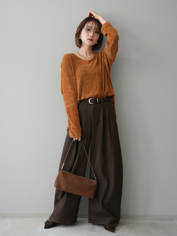 [SET]モール透かし編みニットトップス+アニマル柄ベルト付きウールタッチワイドパンツ(2set)