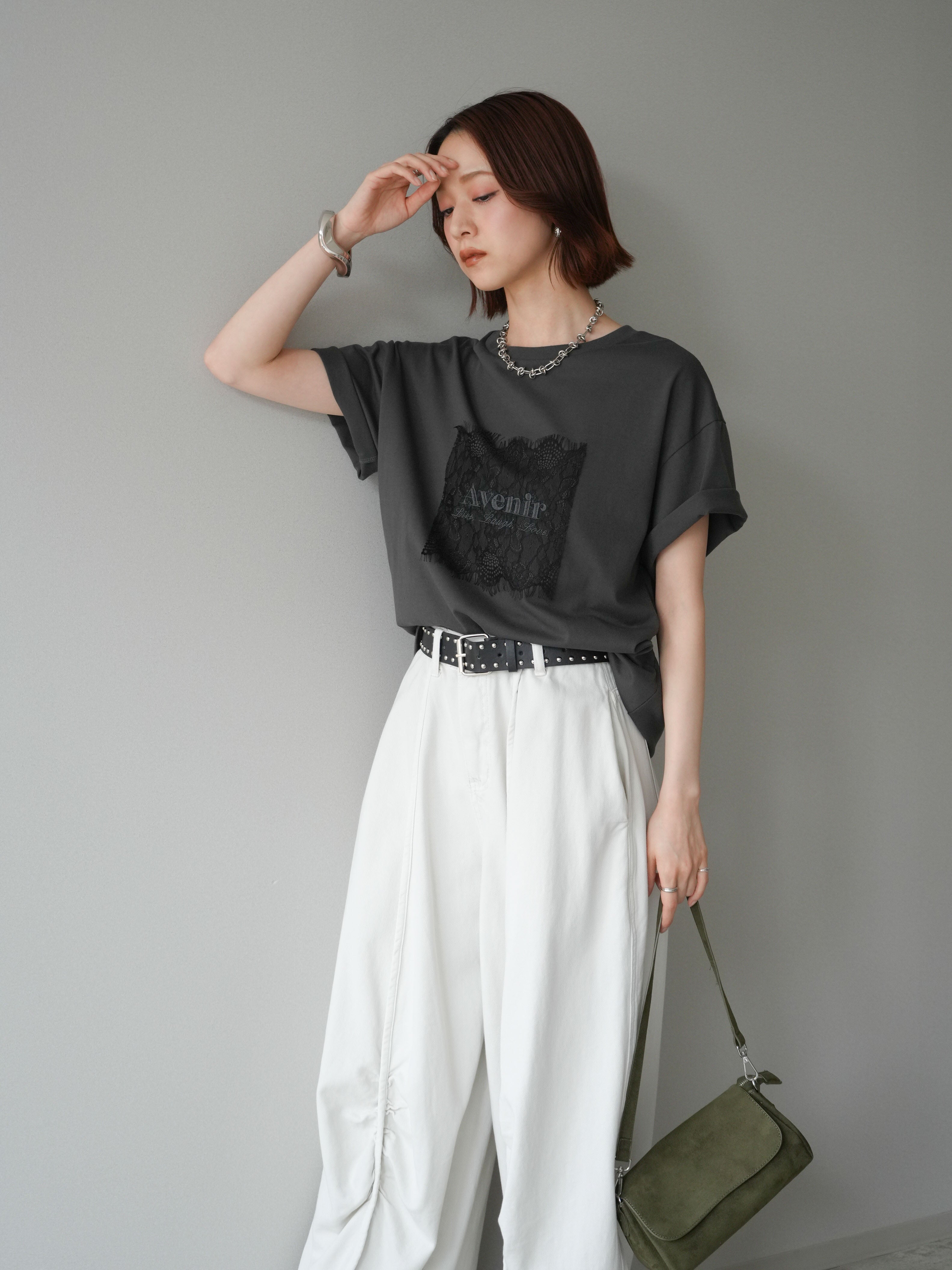 SET]レースコラージュロゴTシャツ+ベルト付センターギャザーワイド