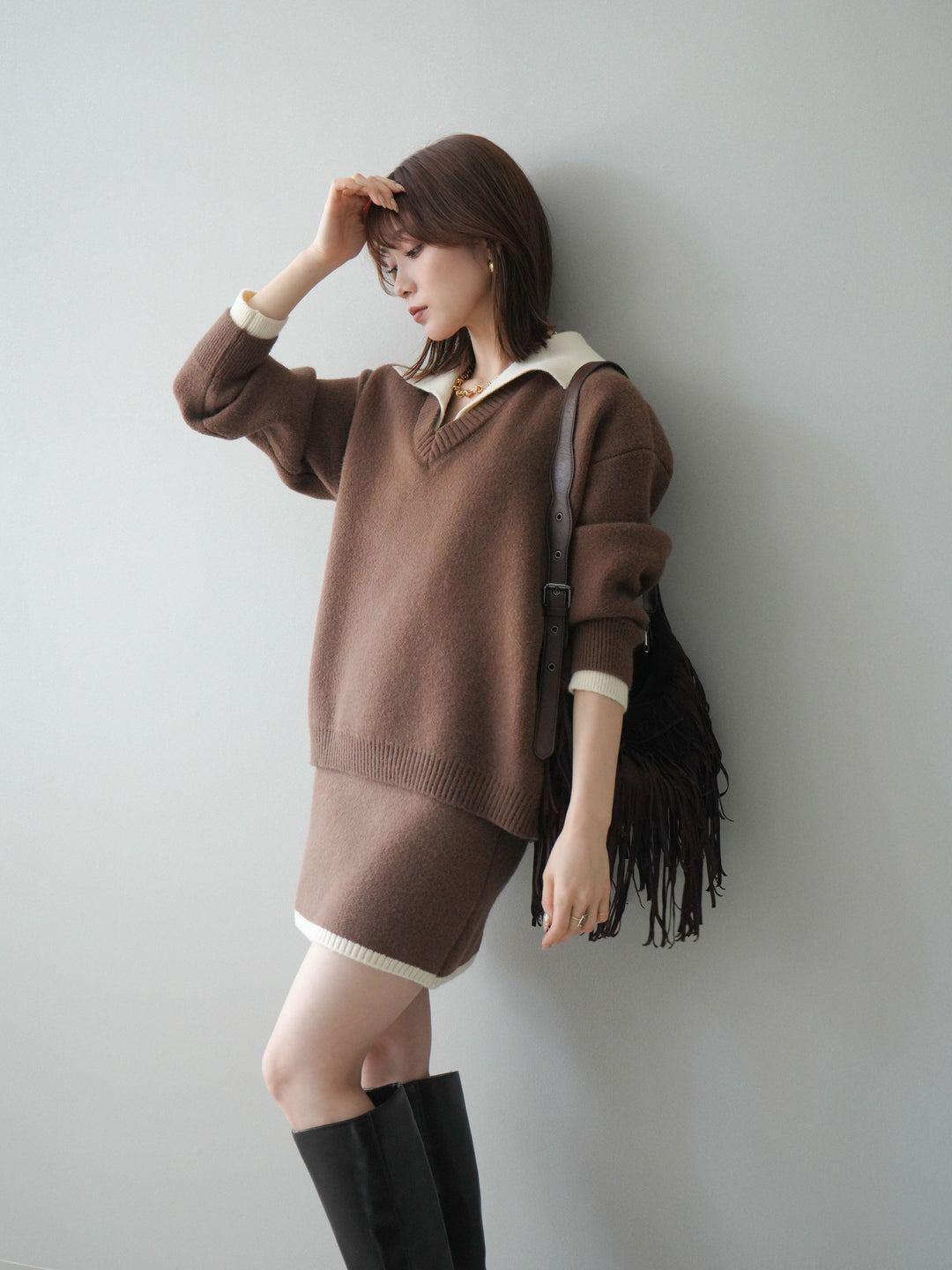 [SET]配色襟ニット＆ミニスカートSET UP+配色襟ニット＆ミニスカートSET UP(2set)