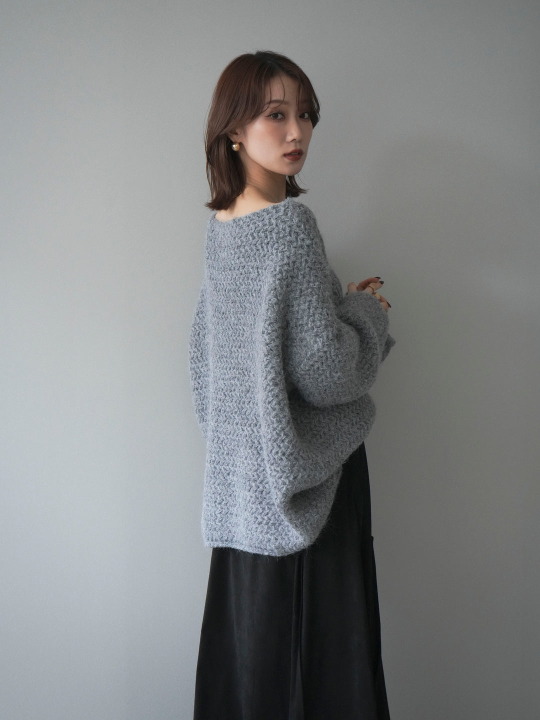 [予約]ワッフル編みオーバーニットプルオーバー/gray