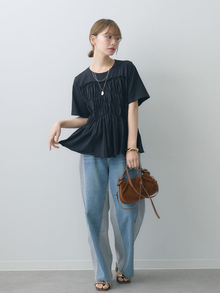 [SET]クールタッチシャーリングTEE+デニム切替スウェットパンツ(2set)