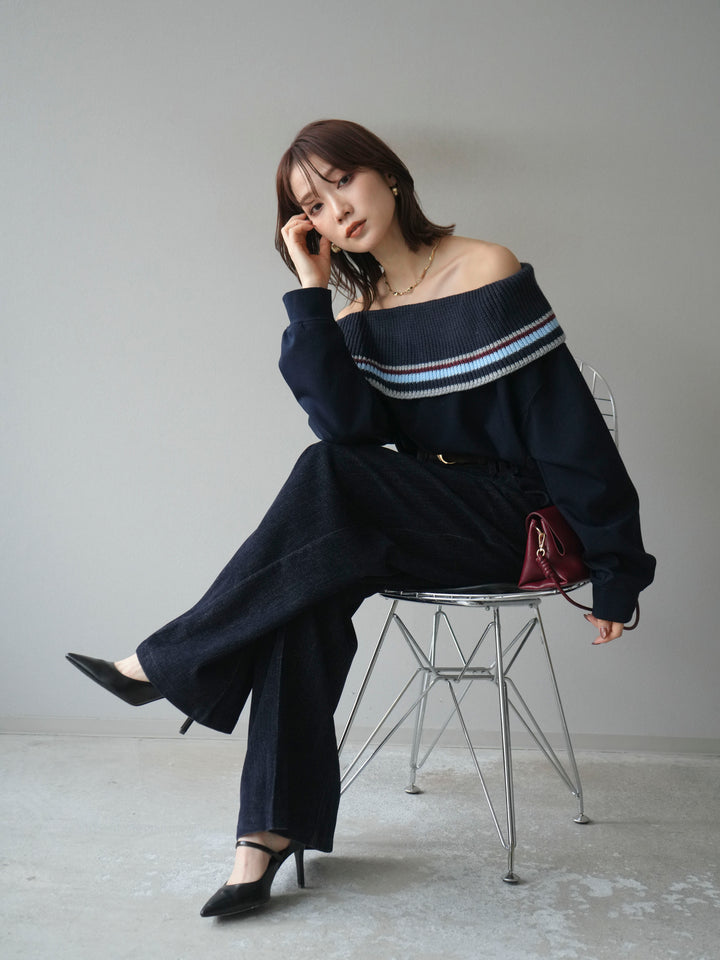 [予約]ボーダーニットオフショルダーxスウェットプルオーバー/navy
