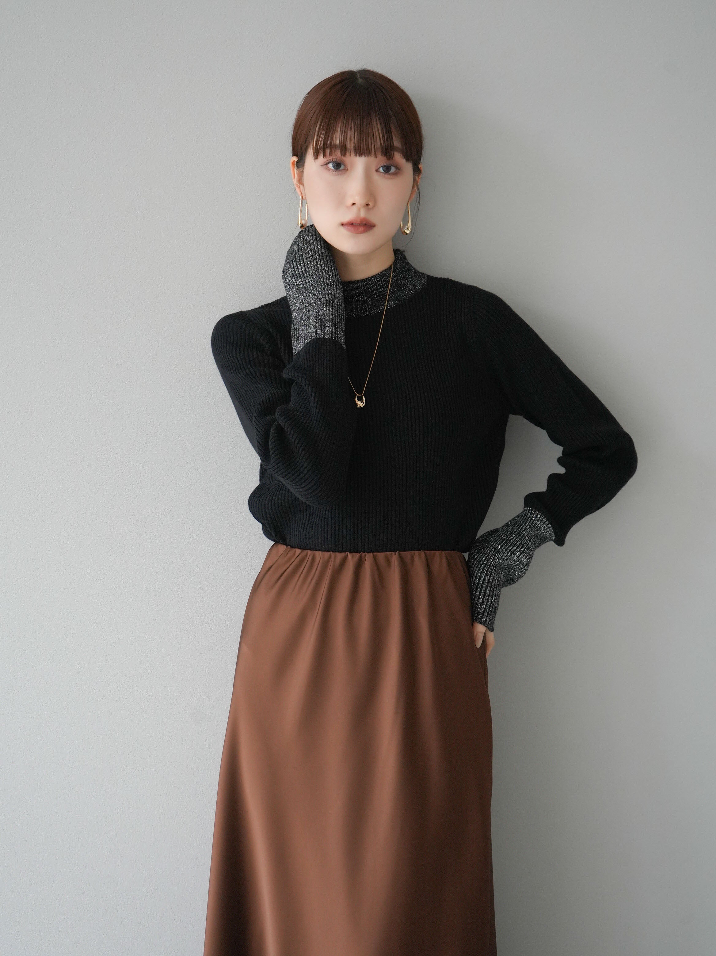 SET]ボトルネックラメ切替リブニットトップス+ボトルネックラメ切替