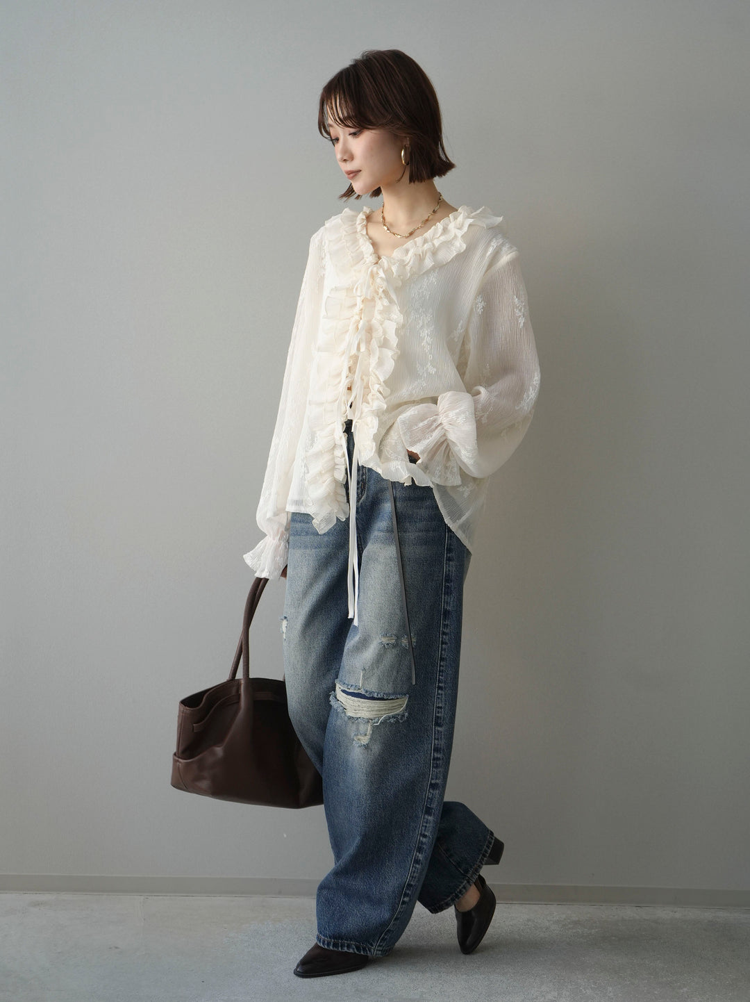 [予約]ダメージデニムセミワイドパンツ/blue