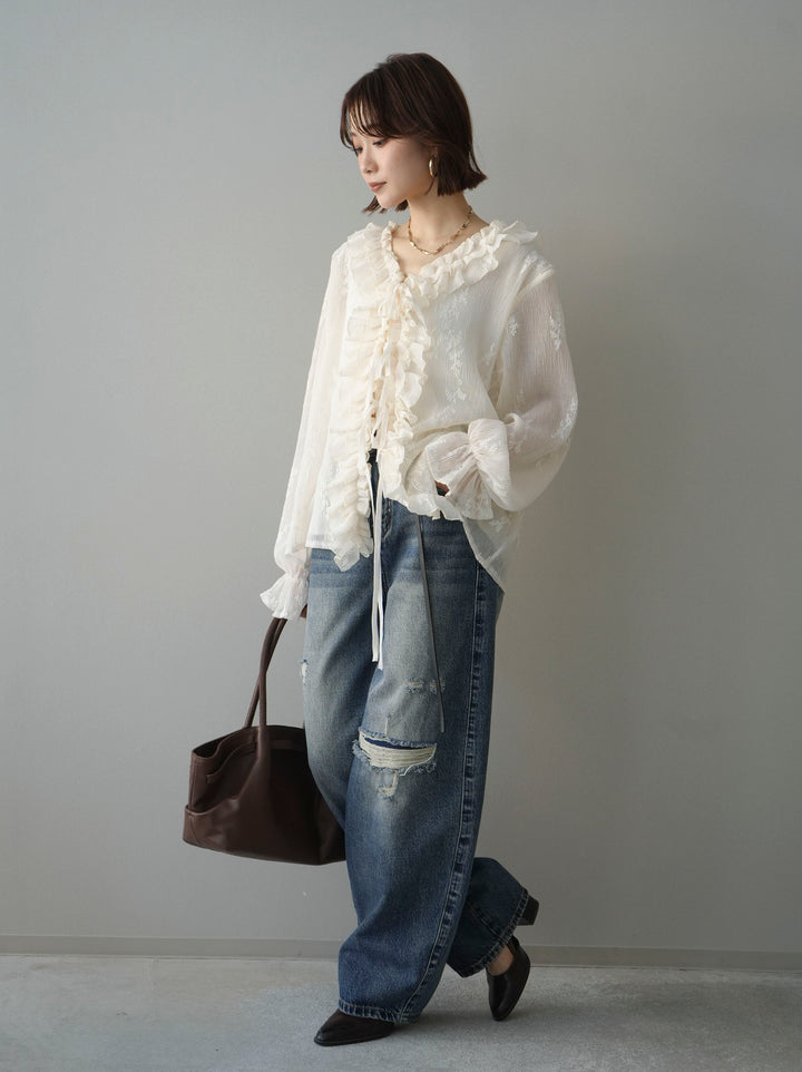 [予約]ダメージデニムセミワイドパンツ/blue