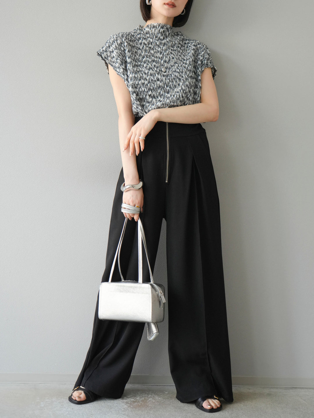 [SET] 多色隨機百褶法式上衣+拉鍊褶襉寬褲（2件套）