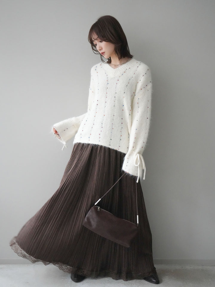 [SET]キャンディースリーブカラーネップスパンコールニットプルオーバー+裾レーススウェードプリーツマキシスカート(2set)