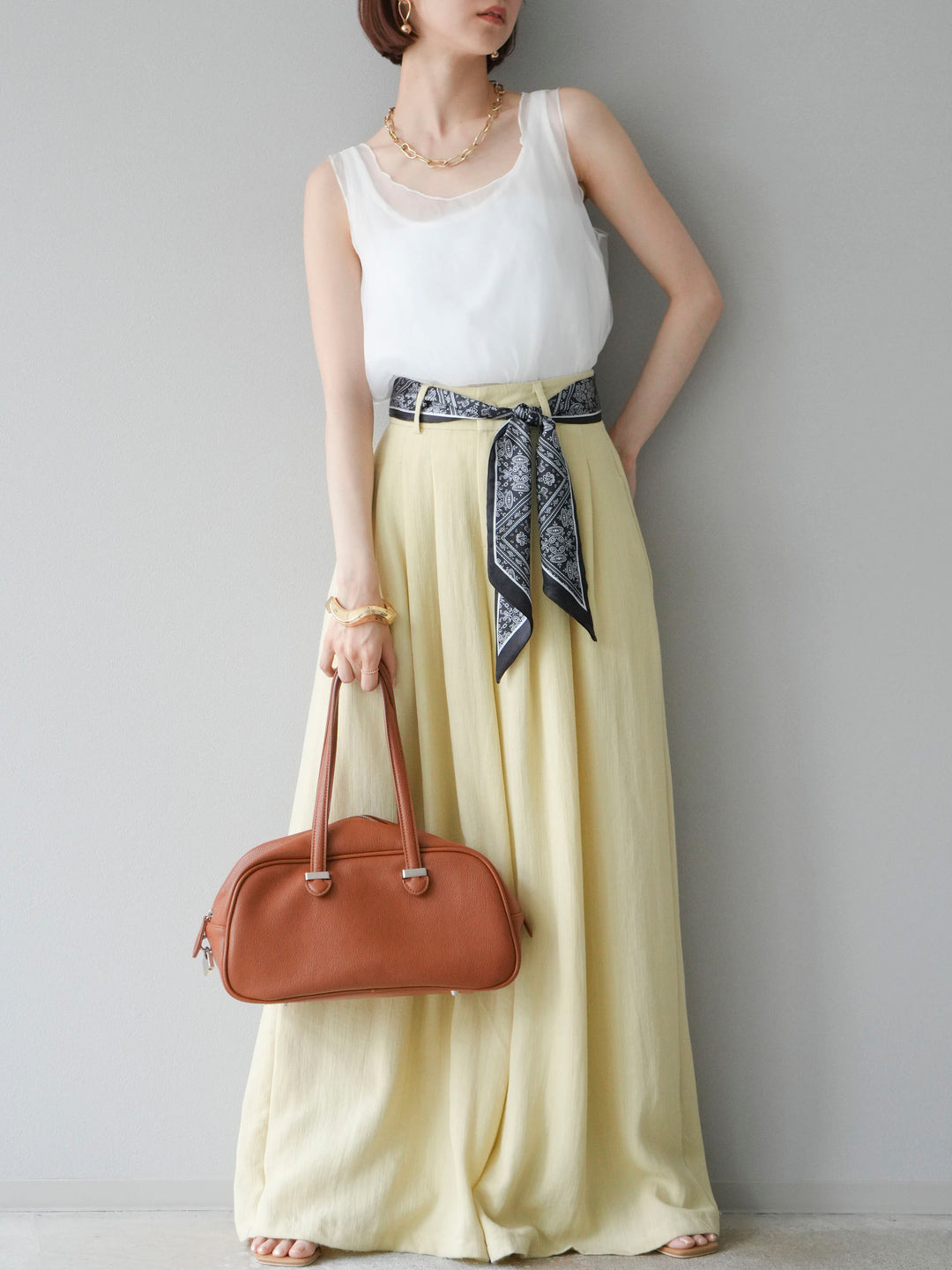 [予約]スカーフベルト付3タックワイドパンツ/イエロー