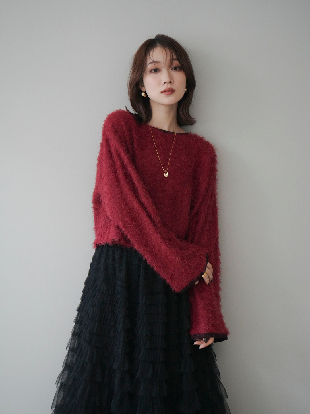 [予約]バイカラー2WAYシャギーニットカーディガン/red