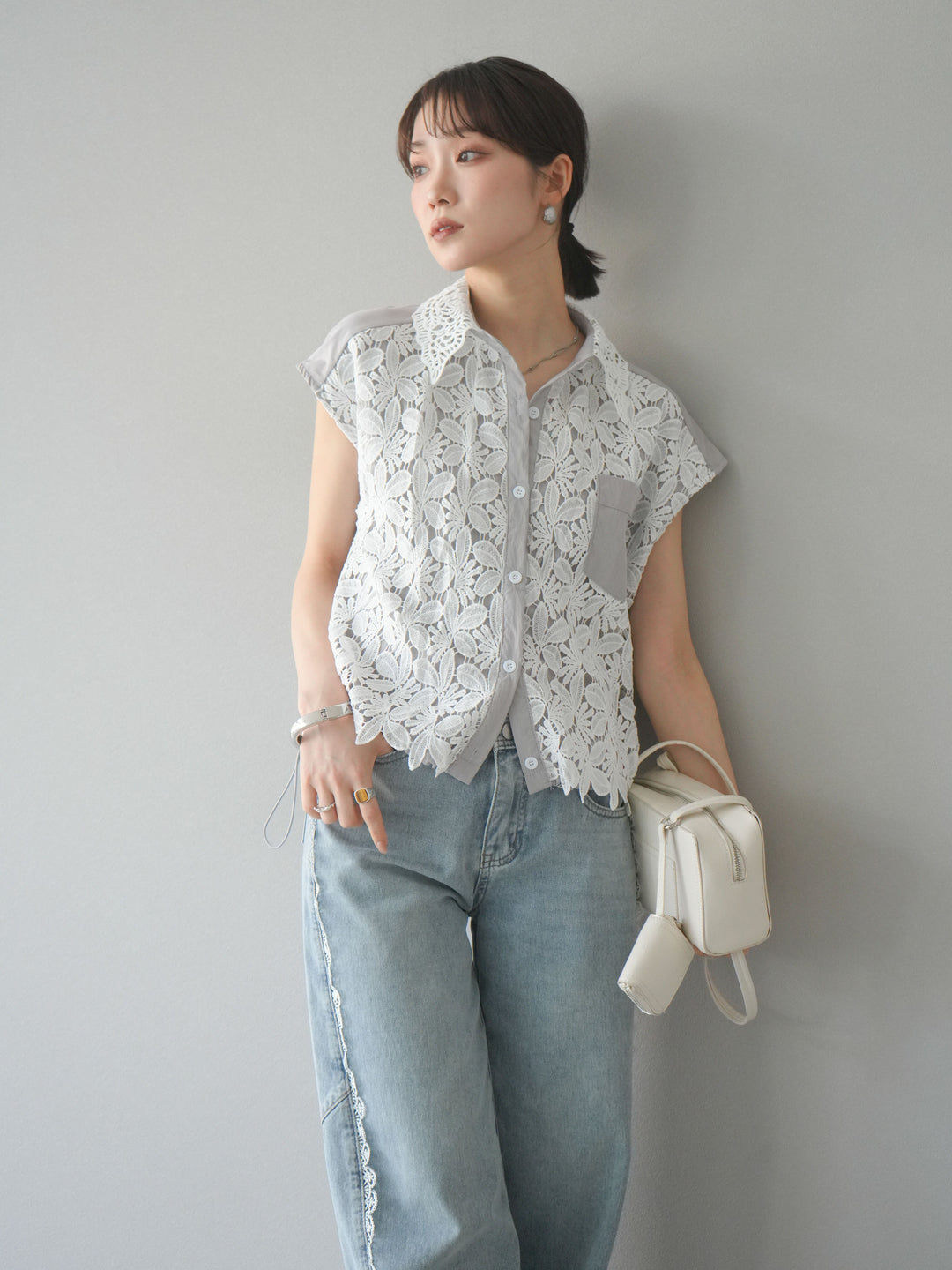 [予約]レースレイヤードドロストシャツ/グレー