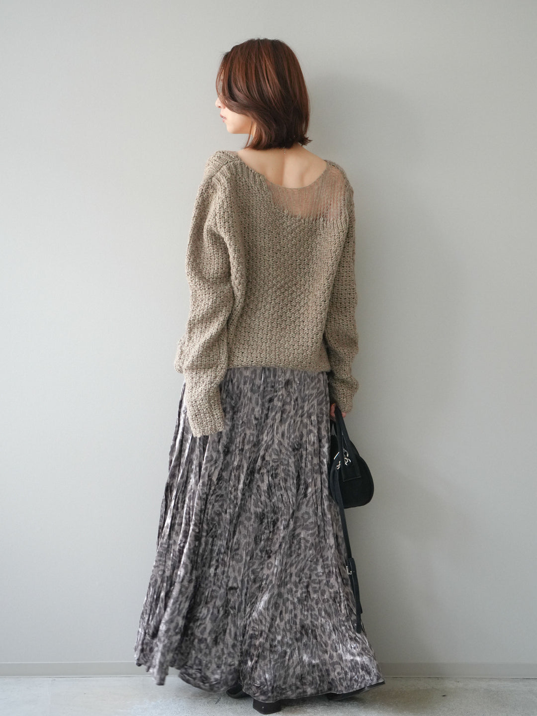 [予約]レオパードベロアワッシャーロングスカート/gray