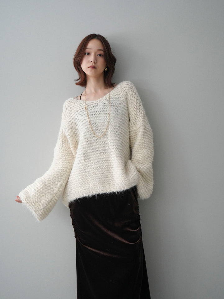 [SET]ワッフル編みシャギーニットプルオーバー+ギャザーベロアスカート(2set)