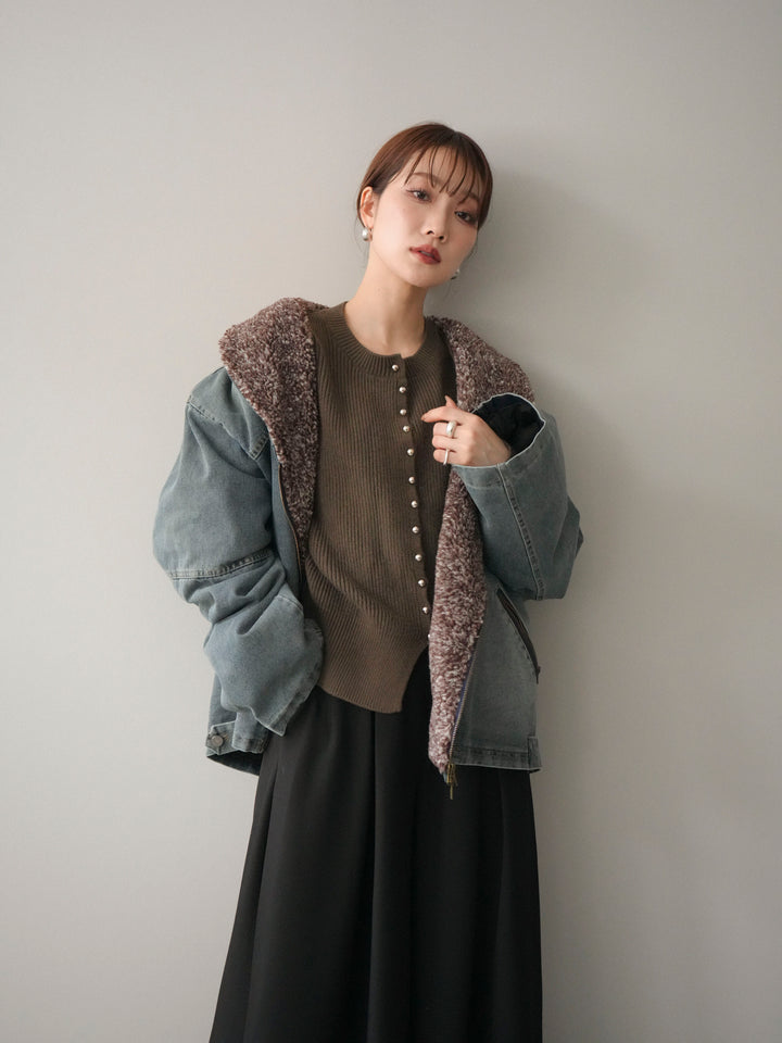 [SET]ミックスボアデニムジャケット+シルバーボタン畦編みニットカーディガン+テープベルトタックバギーパンツ(3set)