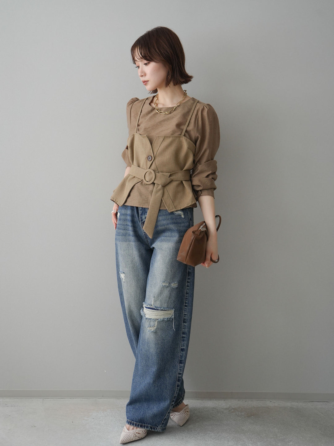 [SET]異素材ビスチェドッキングブラウス+ダメージデニムセミワイドパンツ(2set)