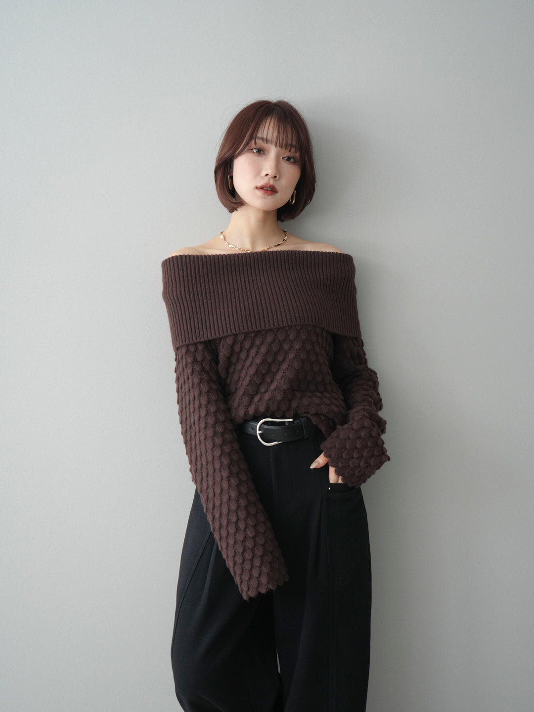 [予約]ポコポコ編みオフショルニットプルオーバー/brown