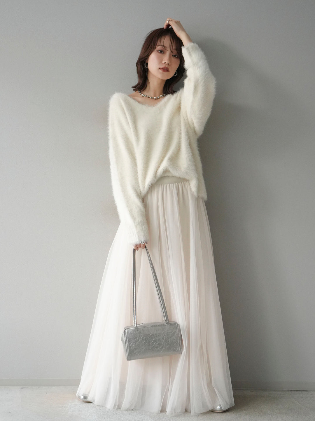 [SET]バックリボンVネックシャギーニットプルオーバー+チュールボリュームスカート(2set)