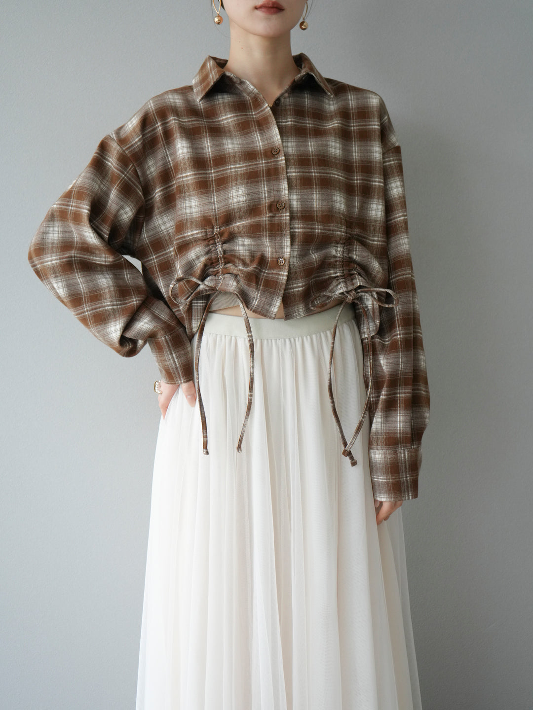[予約]ドロストクロップネルチェックドシャツ/シナモン