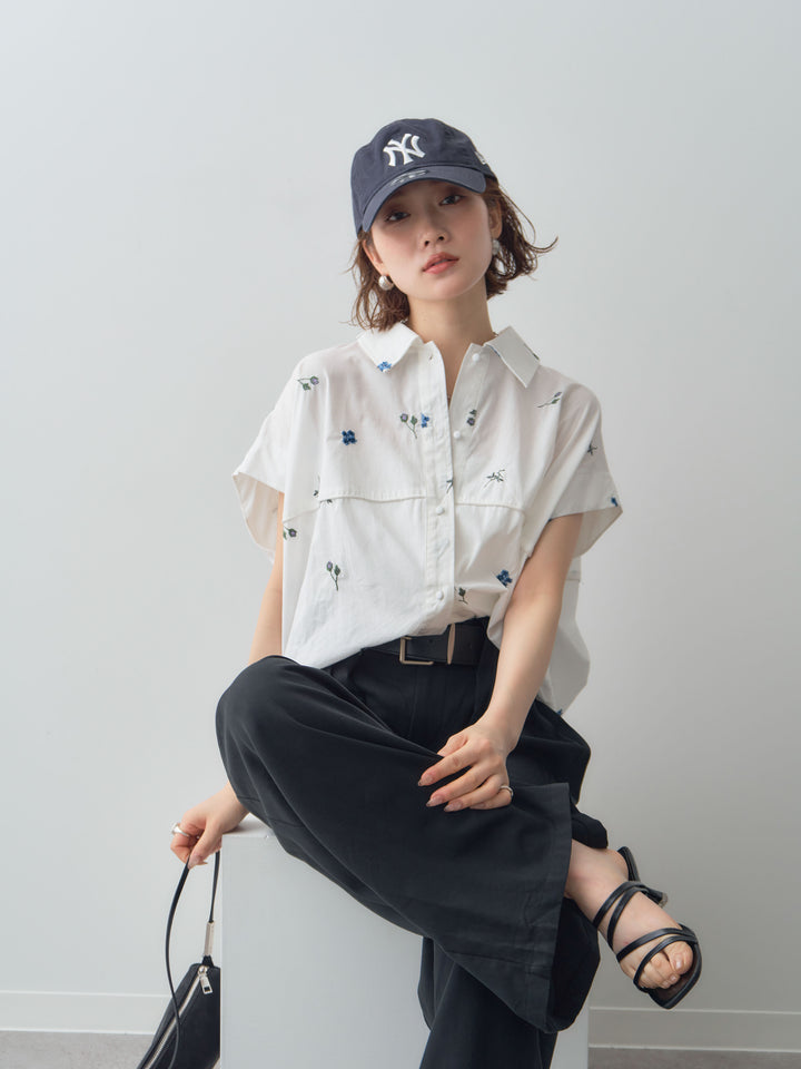 【套裝】花卉刺繡燈籠無袖襯衫+腰帶設計環扣闊腿褲（兩件套）