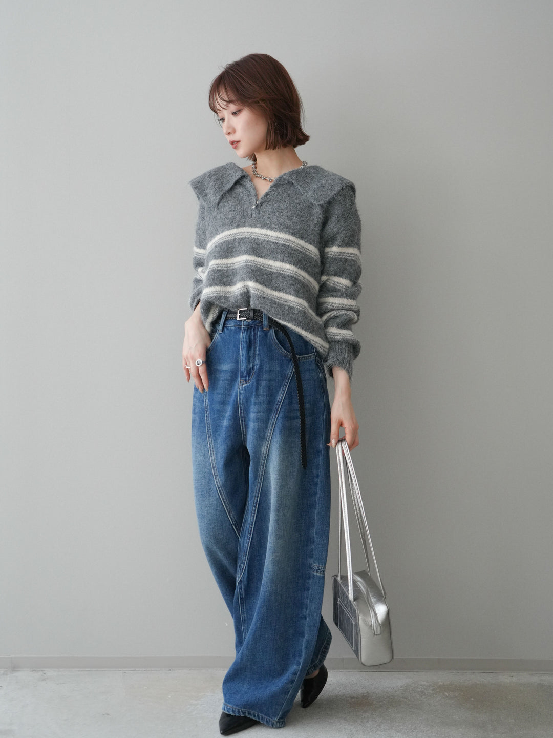 [SET]ハーフジップボーダーニットプルオーバー+裏起毛加工デニムカーブパンツ(2set)