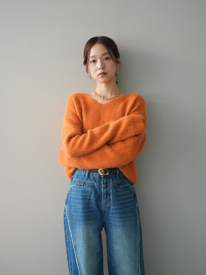 [SET]シュシュ付きアンゴラタッチVネックニットプルオーバー+サイドフリンジワイドデニムパンツ(2set)