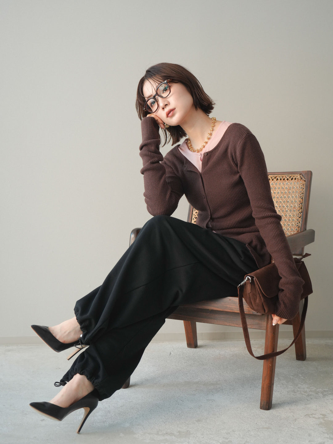 [予約]前後2WAYリブ編みクルーネックカーディガン/darkbrown