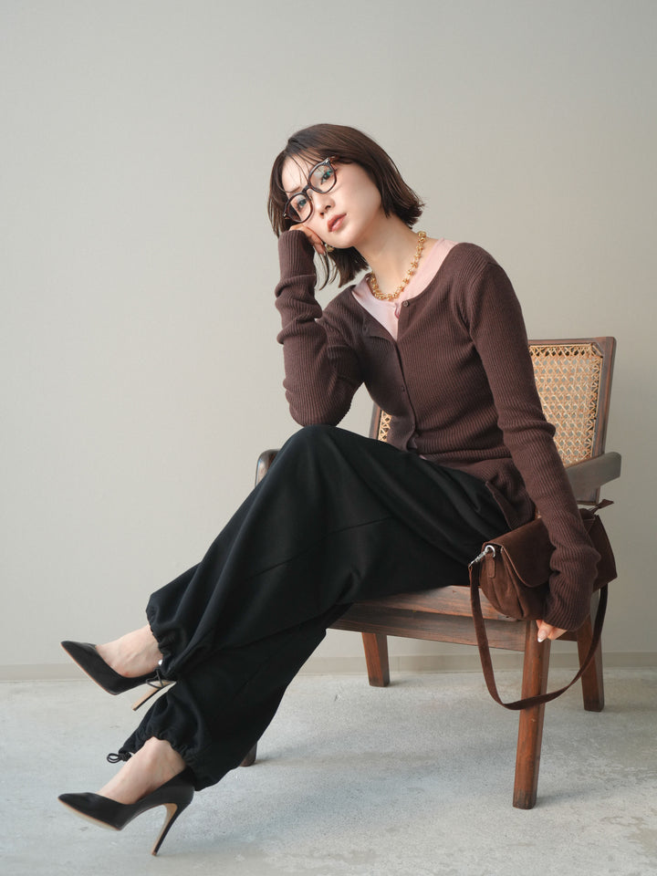 [予約]前後2WAYリブ編みクルーネックカーディガン/darkbrown