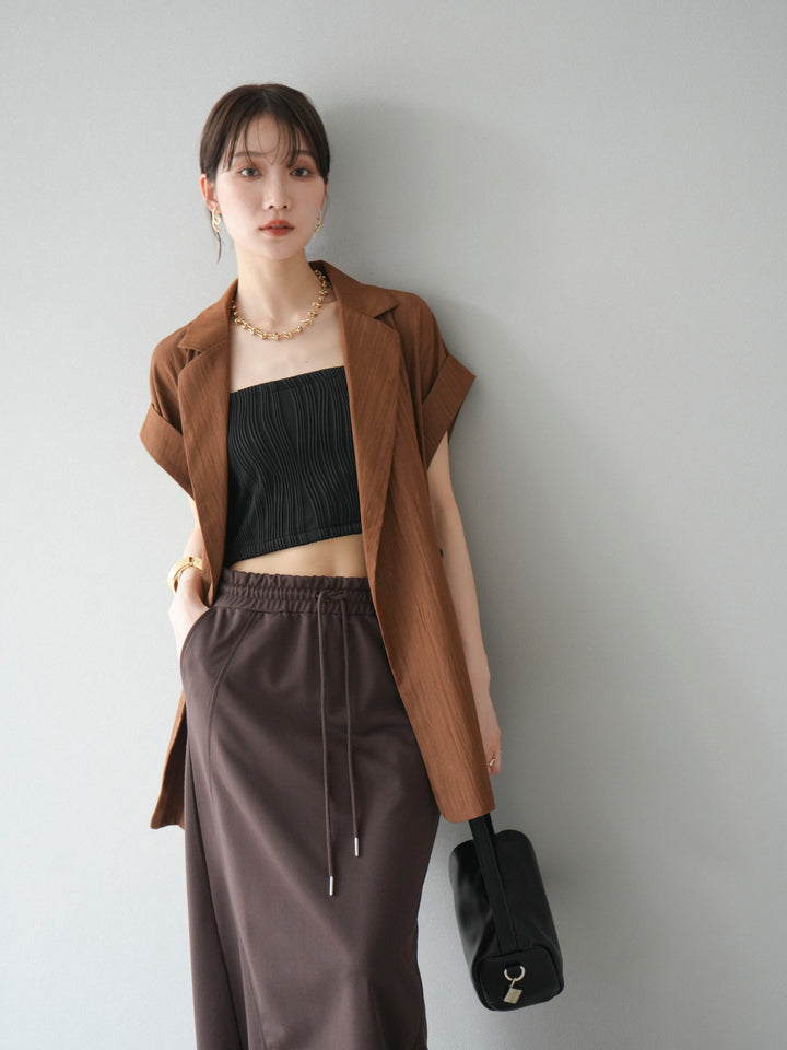 [SET]リネンライクノースリーブダブルジレ+ウェーブパイピングカップ付ベアキャミソール(2set)