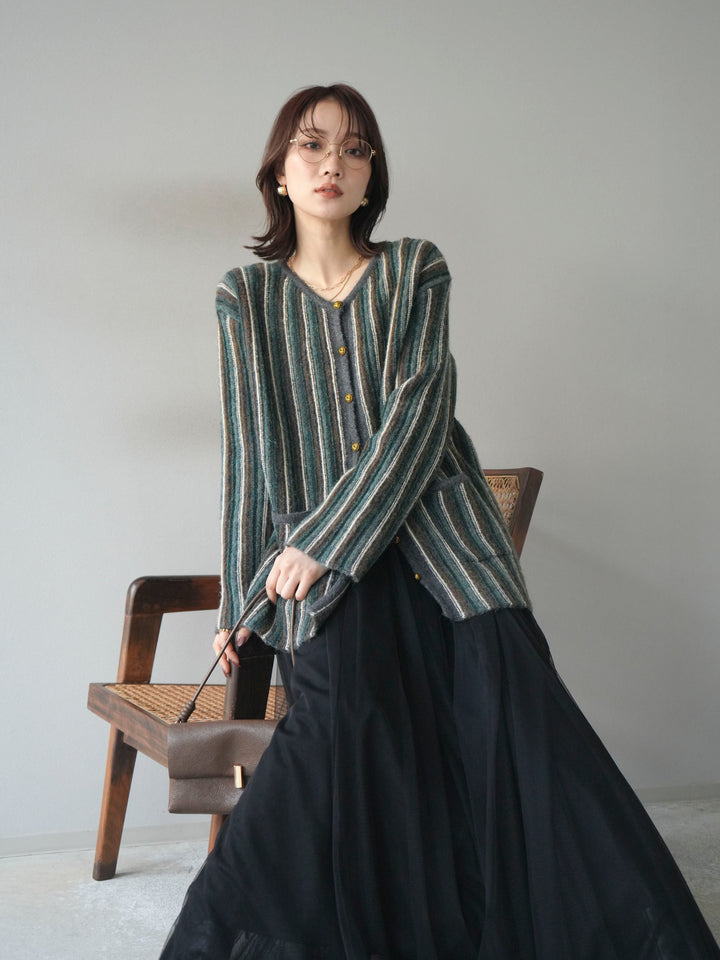 [予約]アンティークボタンストライプニットカーディガン/charcoal