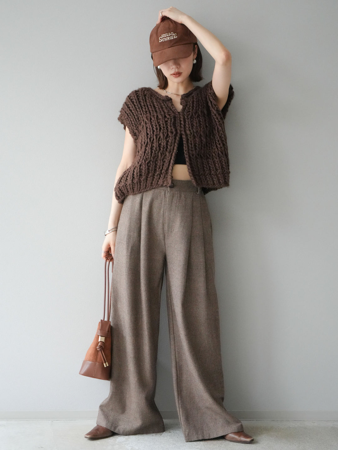 [SET] 手編繩結背心+粗花呢觸感褶皺寬褲（2件組）