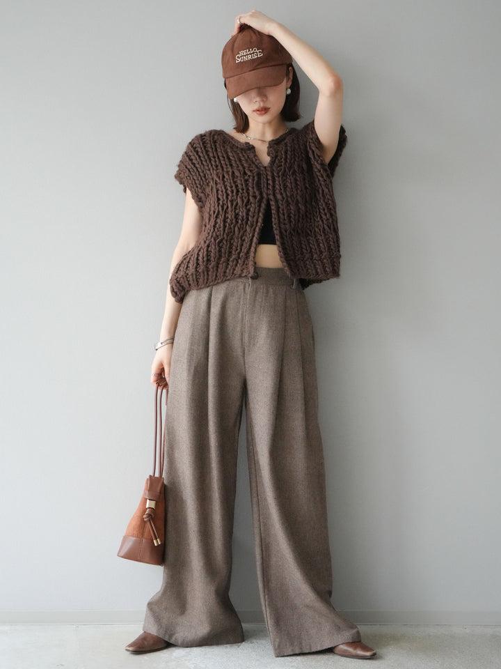 [SET] 手編繩結背心+粗花呢觸感褶皺寬褲（2件組）
