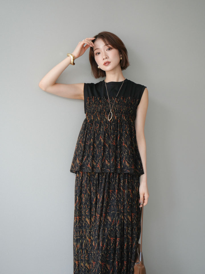 [SET]チュールプリントノースリーブトップス+チュールプリントスカート(2set)