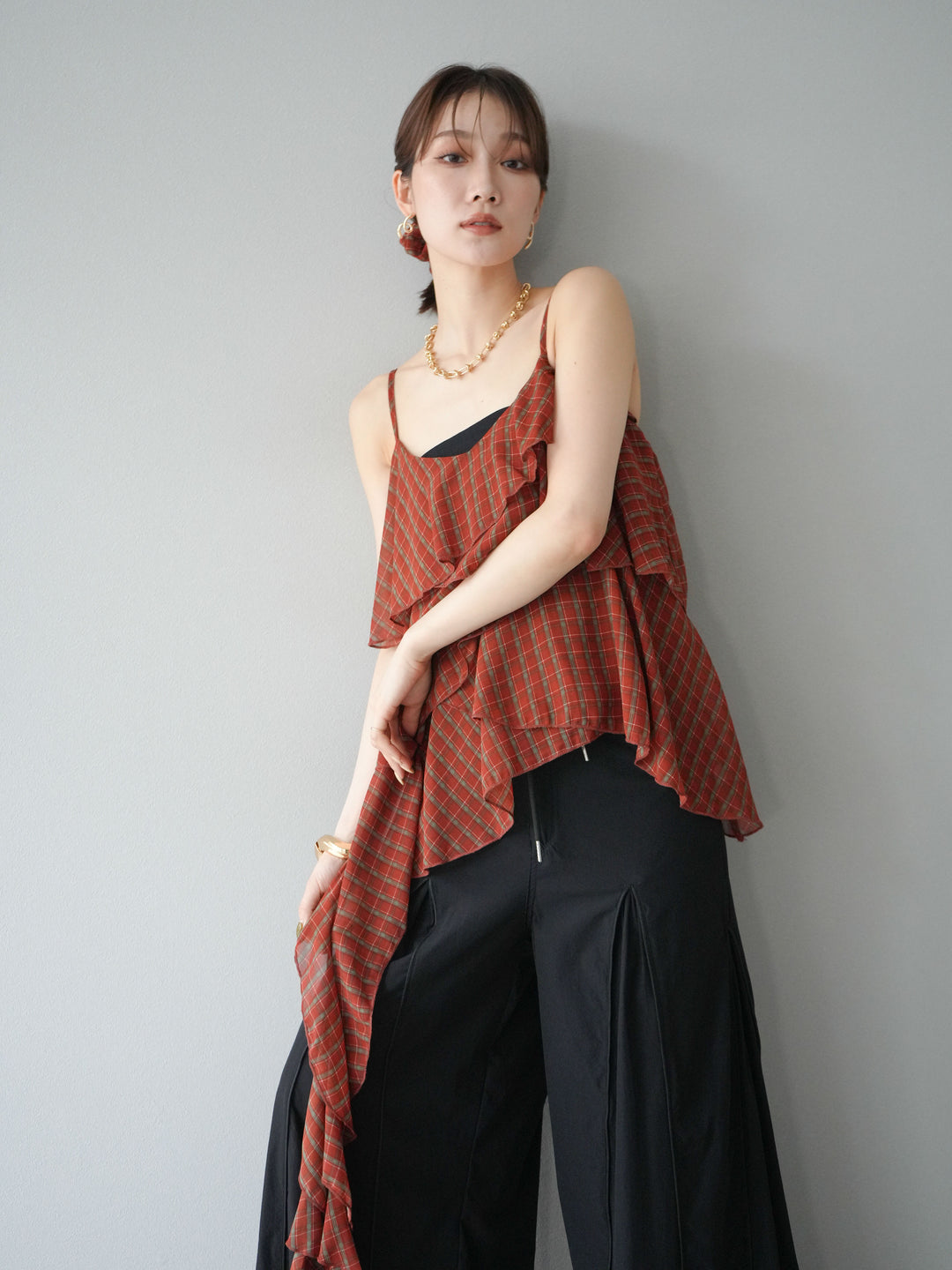[予約]チェック柄ラッフルキャミソール/レッド