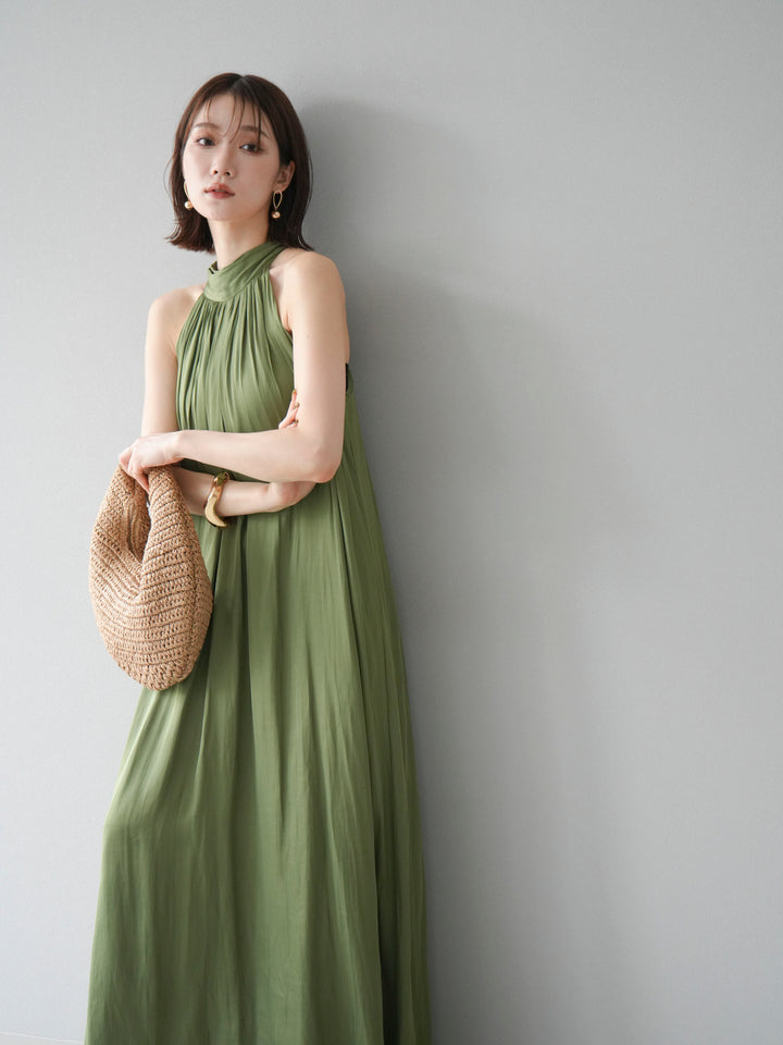 [予約]シャイニーホルターワンピース/グリーン
