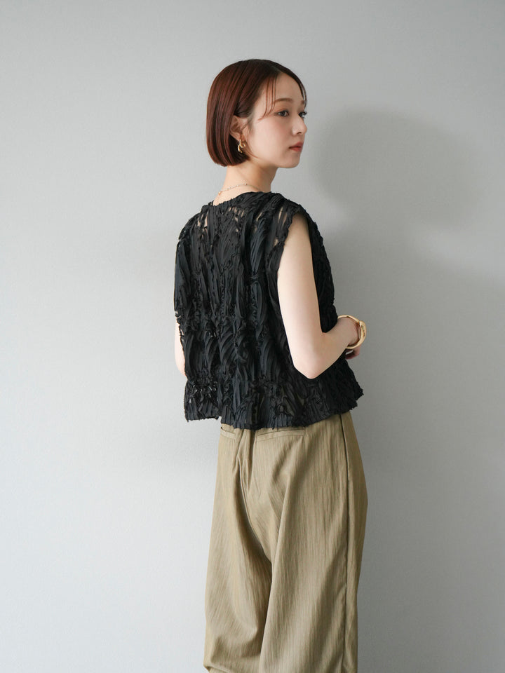 [SET] 提花蕾絲蝴蝶結上衣+麻質下擺迴力寬褲（2件套）