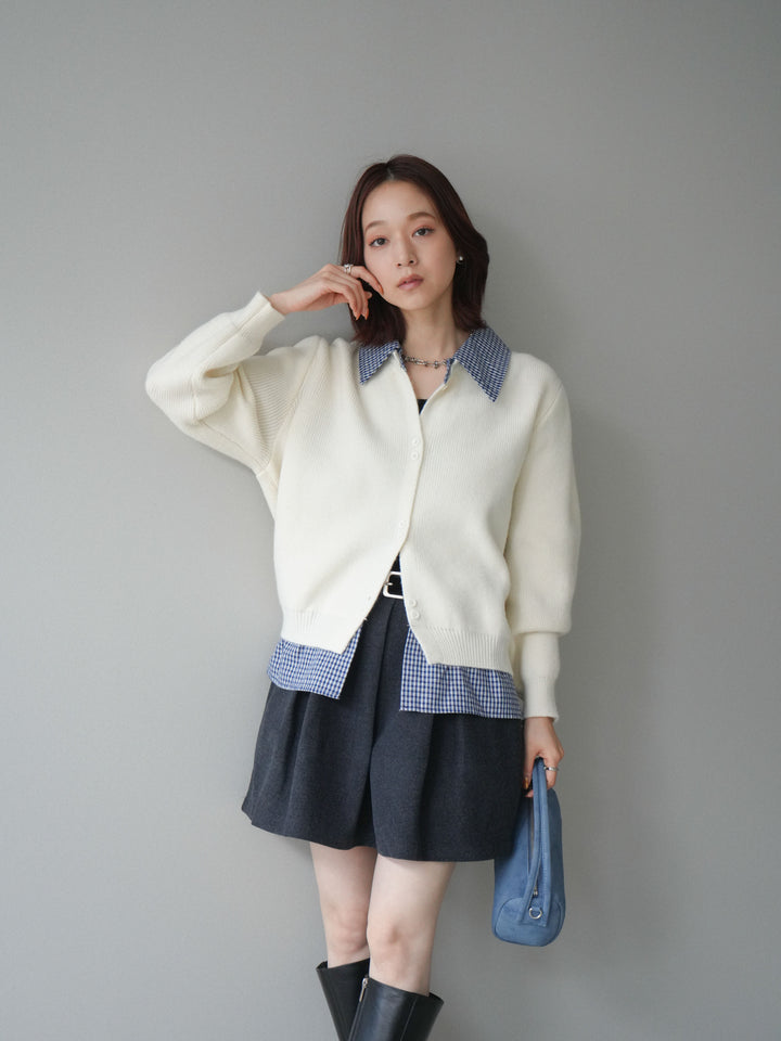 [SET]チェックシャツ襟ニットカーディガン+ベルト付きタックミニスカート(2set)