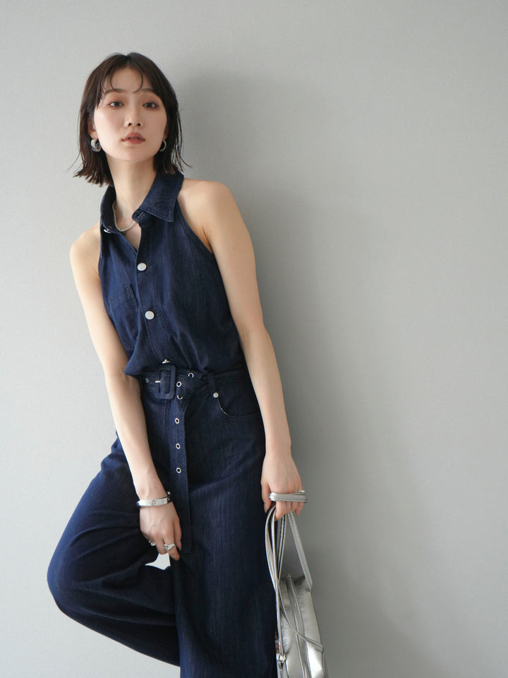 【預購】翻領牛仔連身衣/深藍色