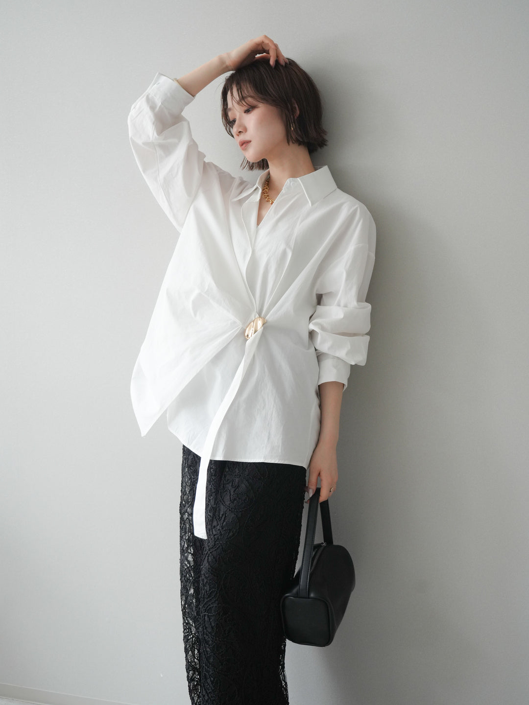 [SET]メタルパーツドレープシャツ+シアーコードレースイージーパンツ(2set)