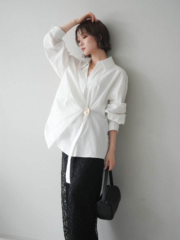 [SET]メタルパーツドレープシャツ+シアーコードレースイージーパンツ(2set)