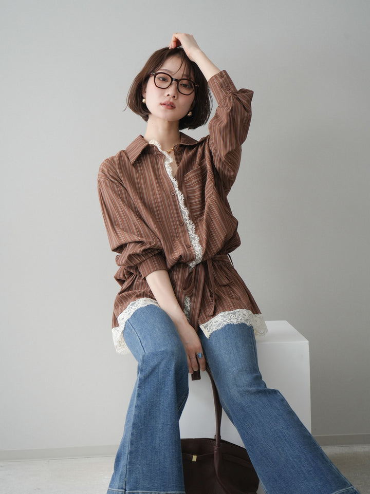 [SET]レース付ストライプウエストギャザーシャツ+フリンジデザインセミフレアデニム(2set)