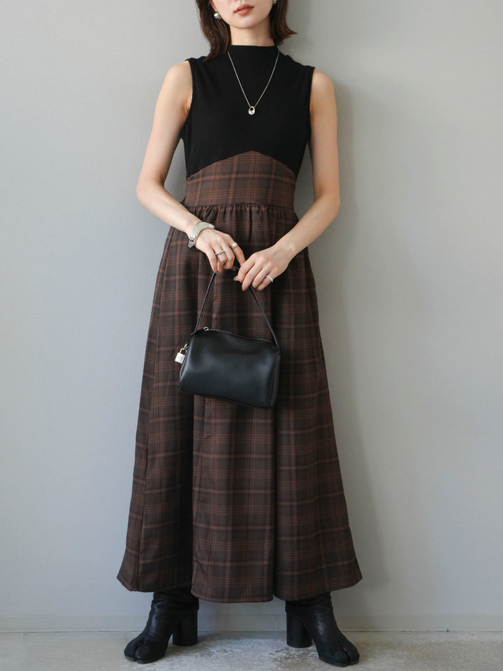 [SET]テレコ×チェックドッキングノースリワンピース+選べるアクセセット(2set)