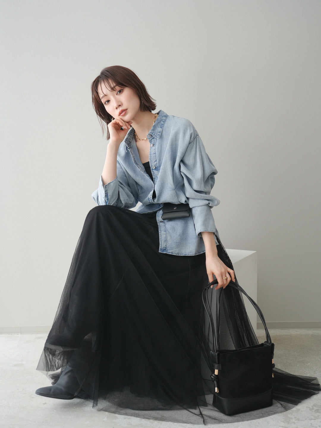 [SET]テンセルデニムタックシャツ+チュールボリュームスカート(2set)