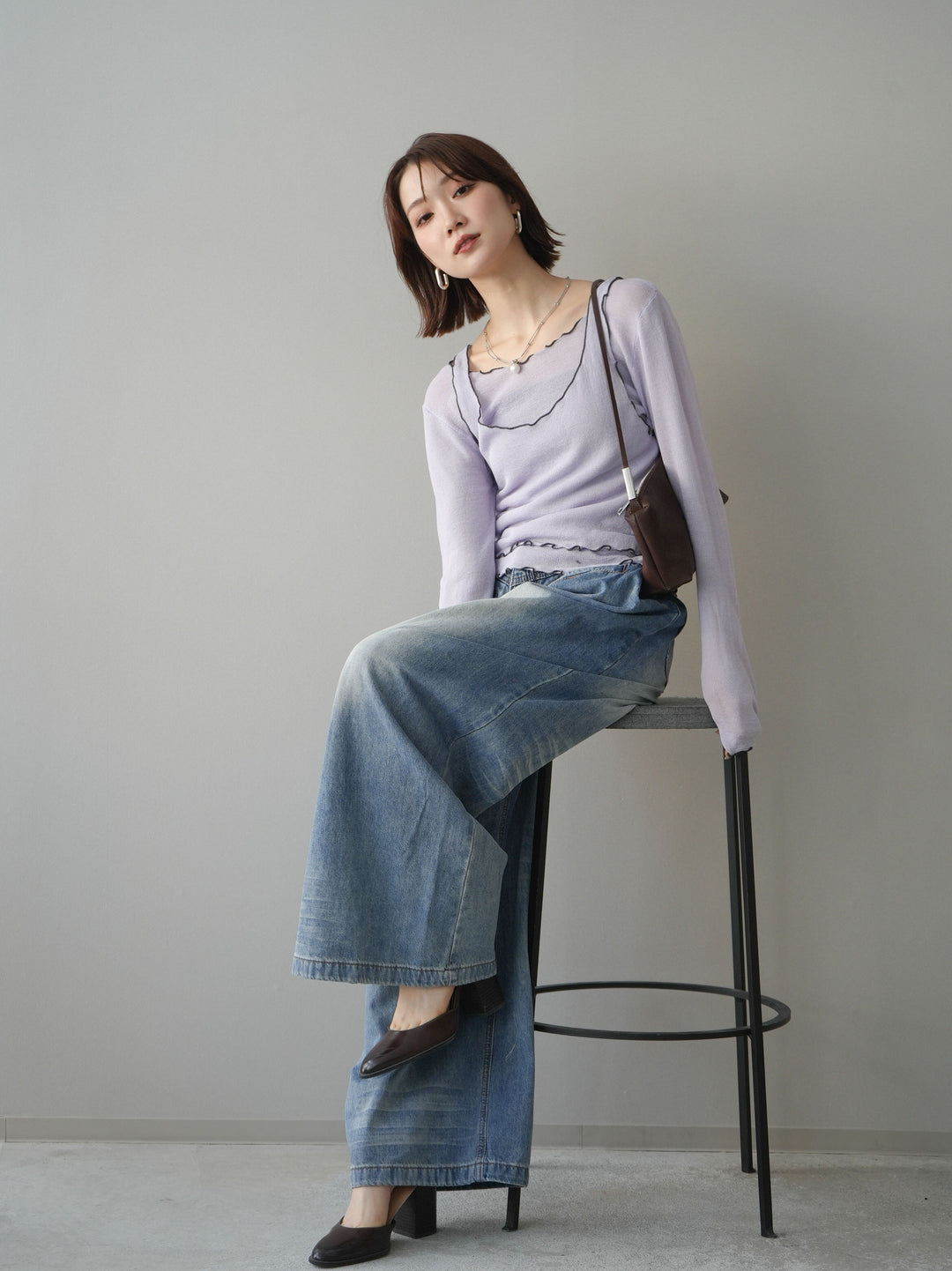 [SET]バイカラーメローアンサンブルシアーニットトップス+フロントポケットサイドタックワイドデニム(2set)