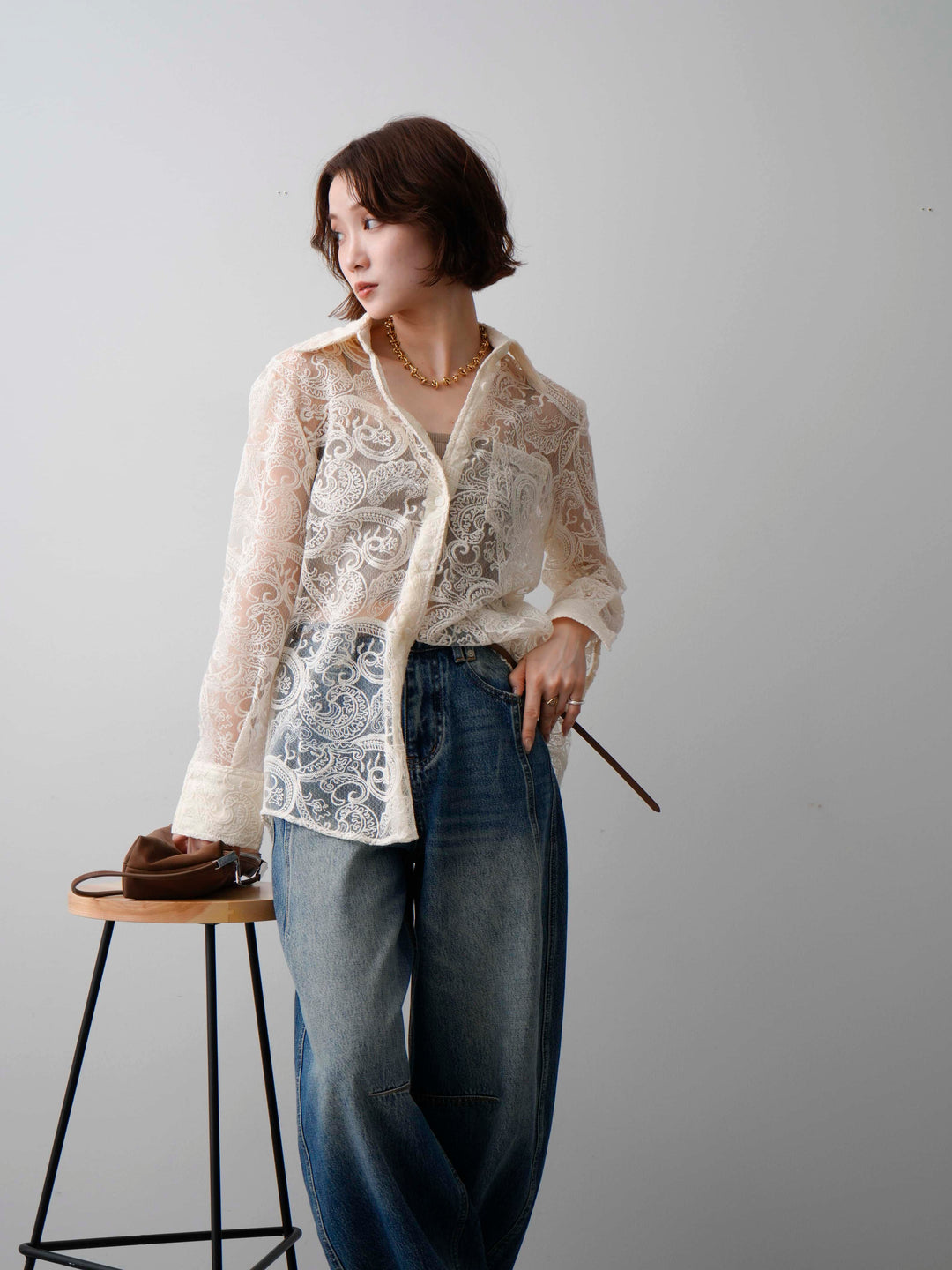 【套裝】薄紗佩斯利刺繡長袖襯衫+修身牛仔褲（兩件式）