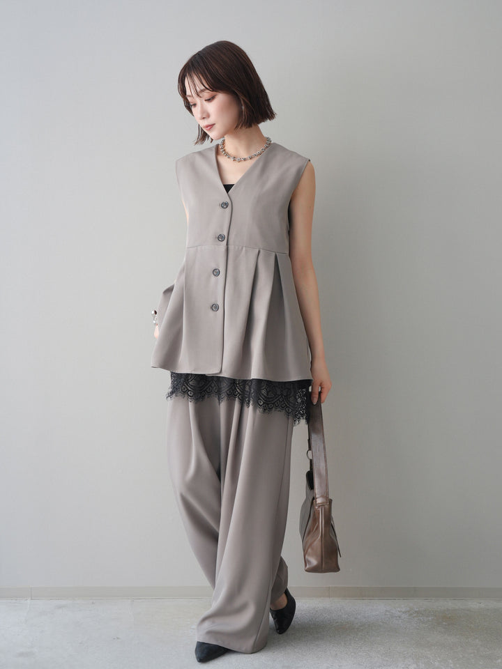 [予約]ウエストバイカラータックワイドパンツ/greige