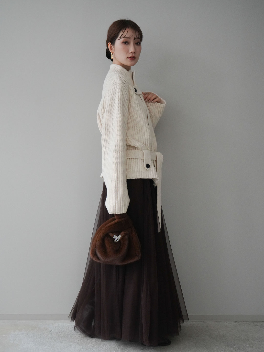 [SET]畦編みボトルネックZIPニットカーディガン+チュールボリュームスカート(2set)