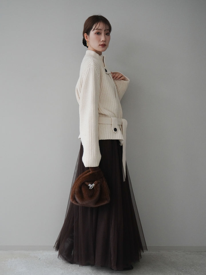 [SET]畦編みボトルネックZIPニットカーディガン+チュールボリュームスカート(2set)