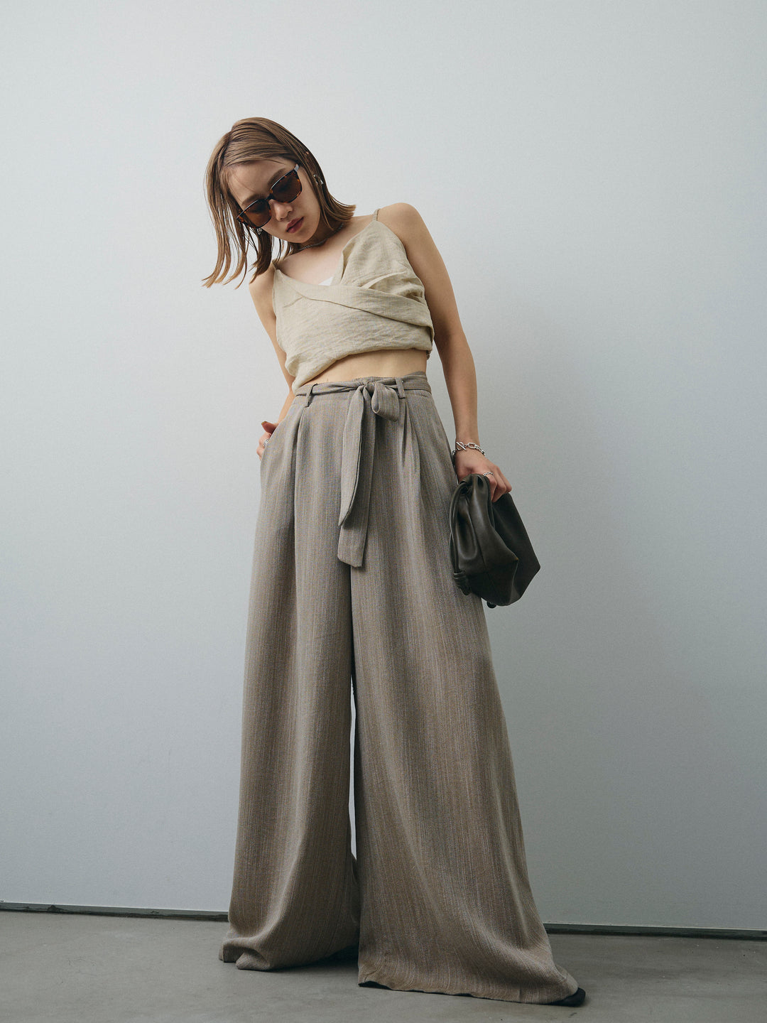 [SET]リネンライクカシュクールデザインビスチェ+リネンライクウエストリボンワイドパンツ(2set)