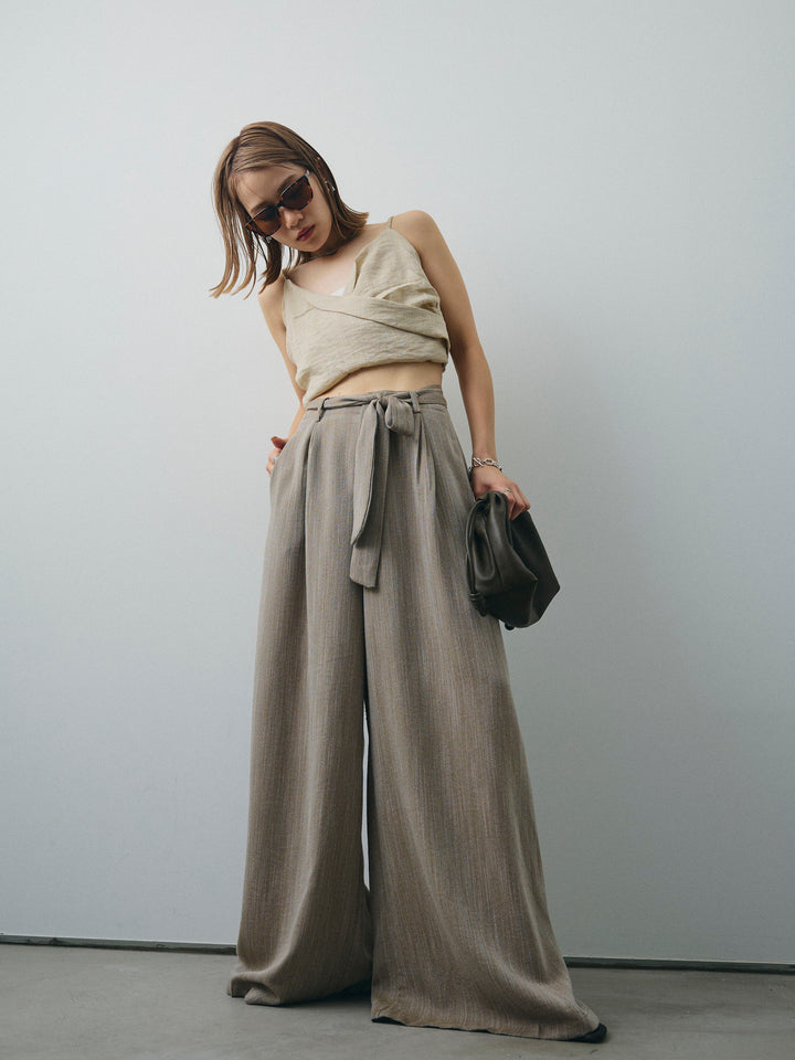 [SET]リネンライクカシュクールデザインビスチェ+リネンライクウエストリボンワイドパンツ(2set)