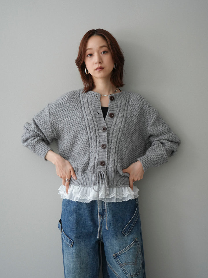 [SET]裾レースケーブルニットカーディガン+ペインターカーブデニムパンツ(2set)